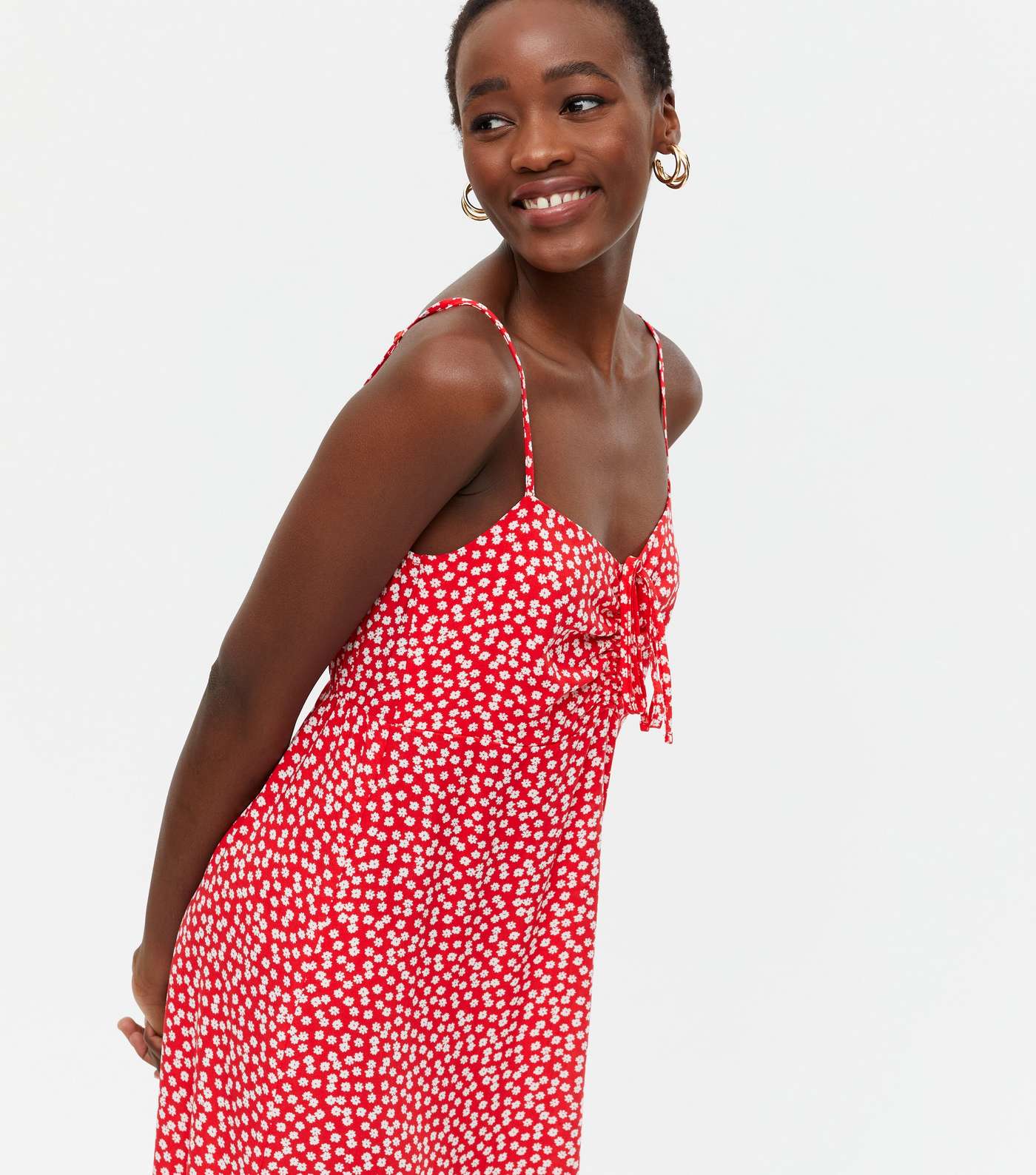 Tall Red Ditsy Floral Tie Front Midi Slip Dress Image 3