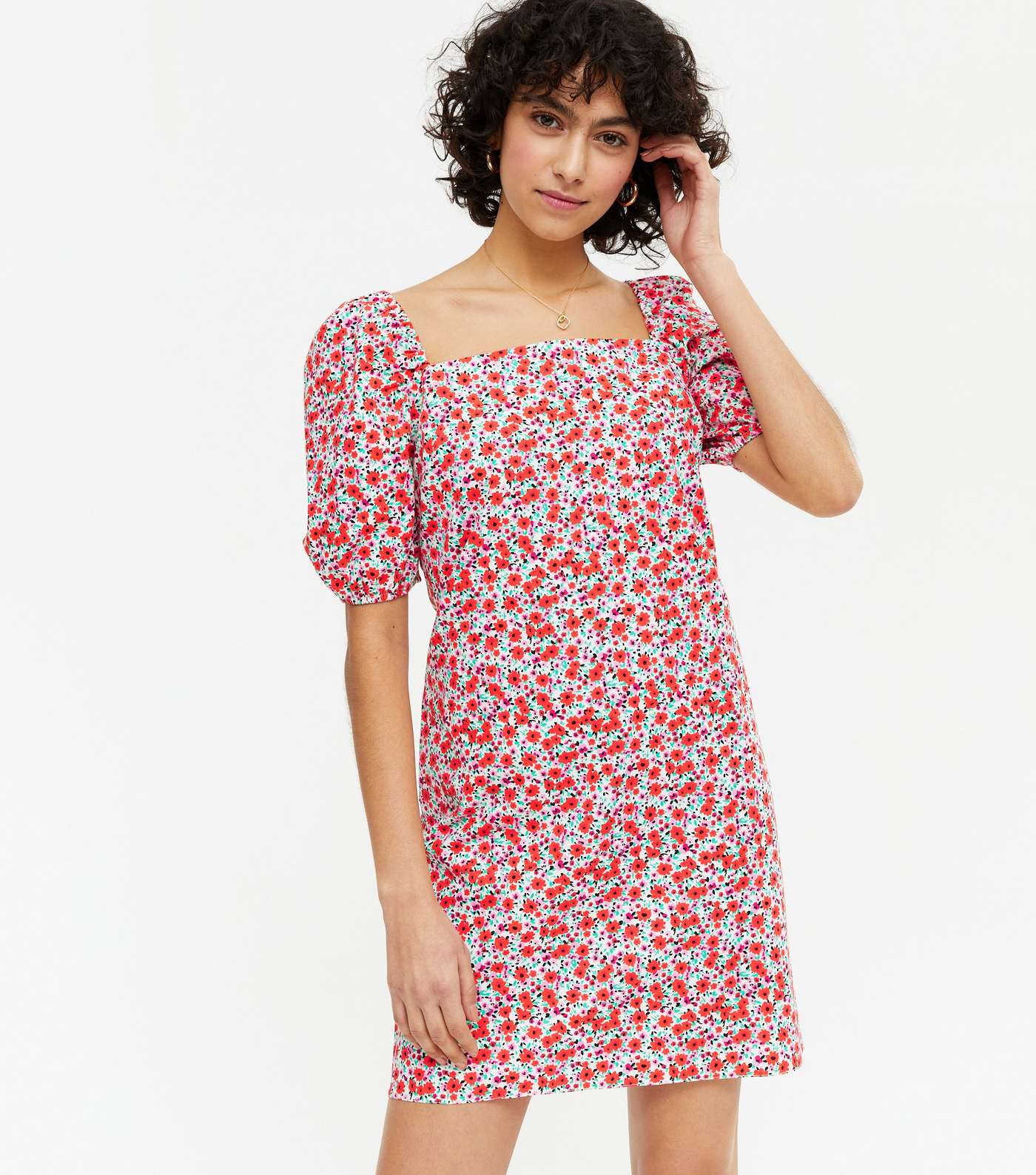 Red Floral Square Neck Puff Sleeve Dress