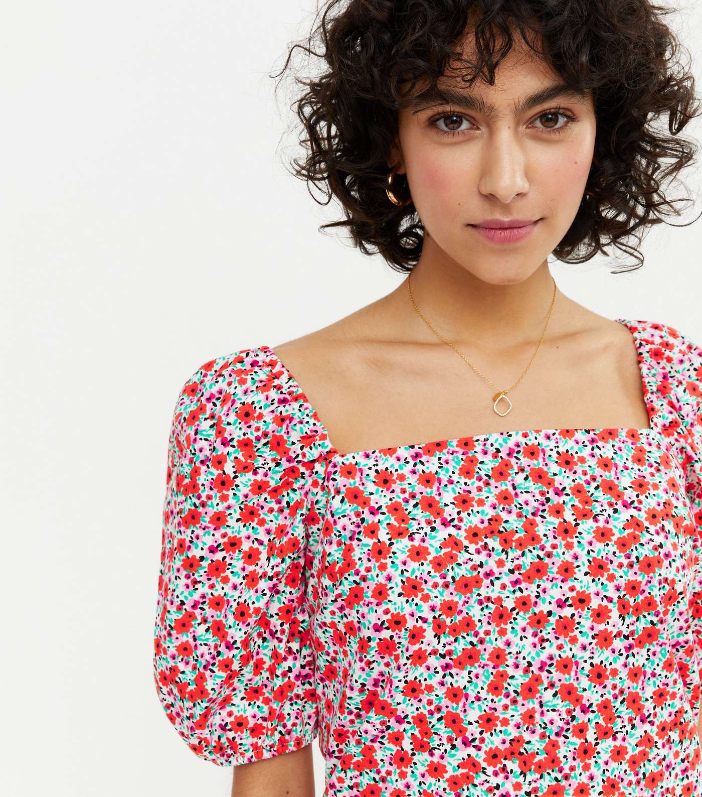 Red Floral Square Neck Puff Sleeve Dress Image 3