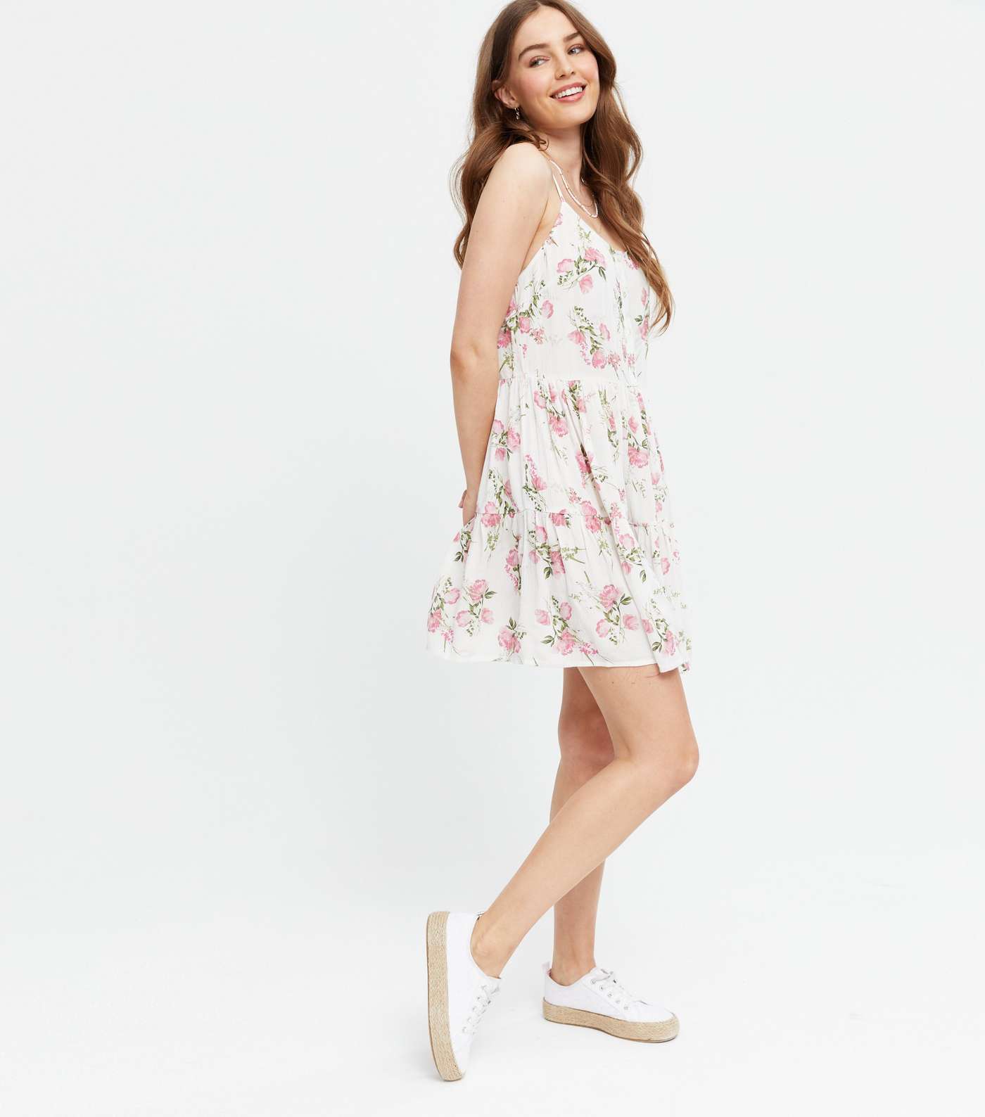 White Floral Button Front Tiered Mini Sundress Image 2