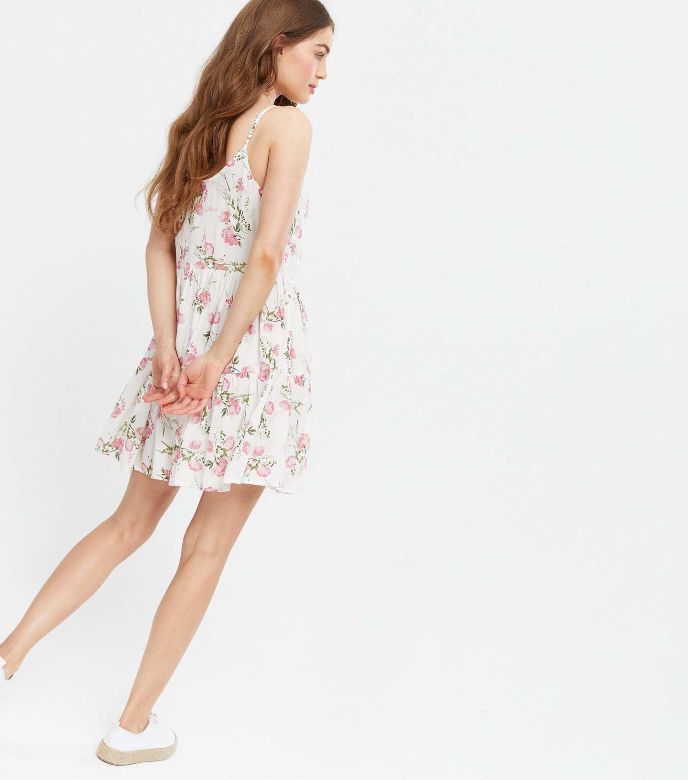 White Floral Button Front Tiered Mini Sundress Image 4