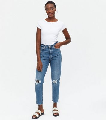 Tall Blue Ripped Knee High Waist Tori Mom Jeans | New Look