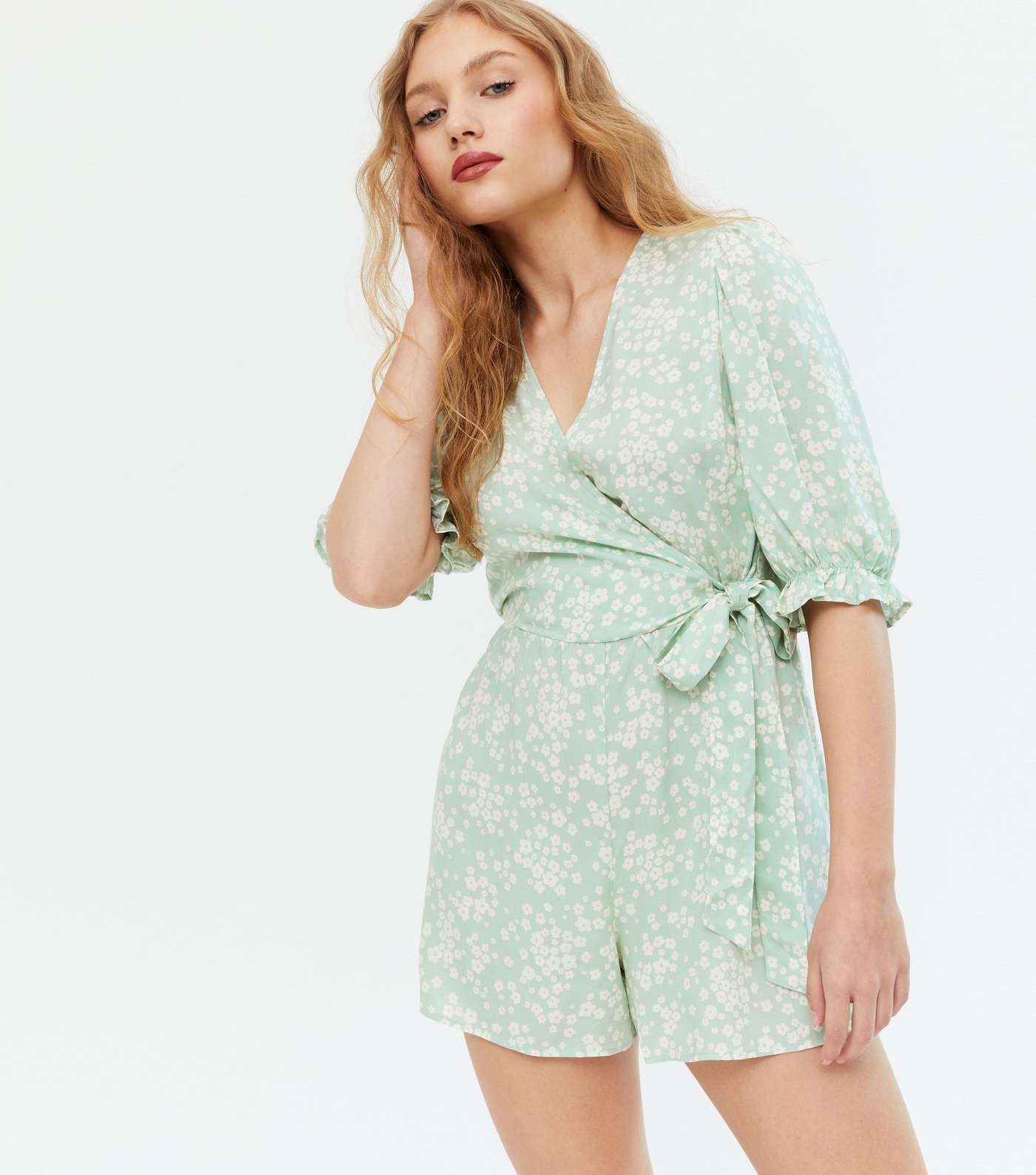 Green Ditsy Floral Wrap Playsuit  Image 2