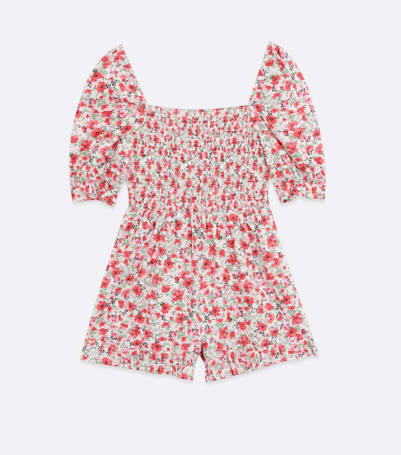 White Floral Shirred Frill Square Neck Playsuit Image 5