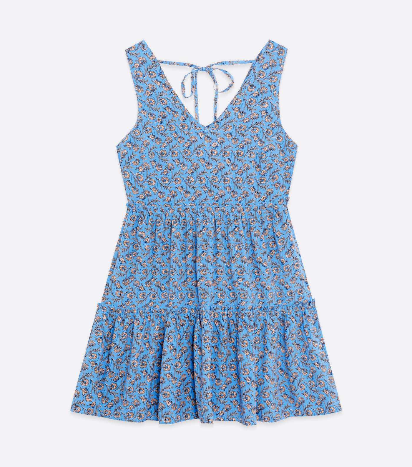 Blue Floral Tie Back Tiered Mini Dress Image 5