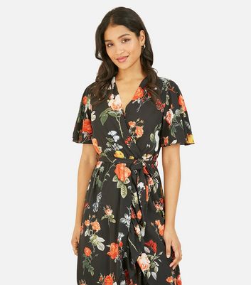 black butterfly printed wrap midi dress