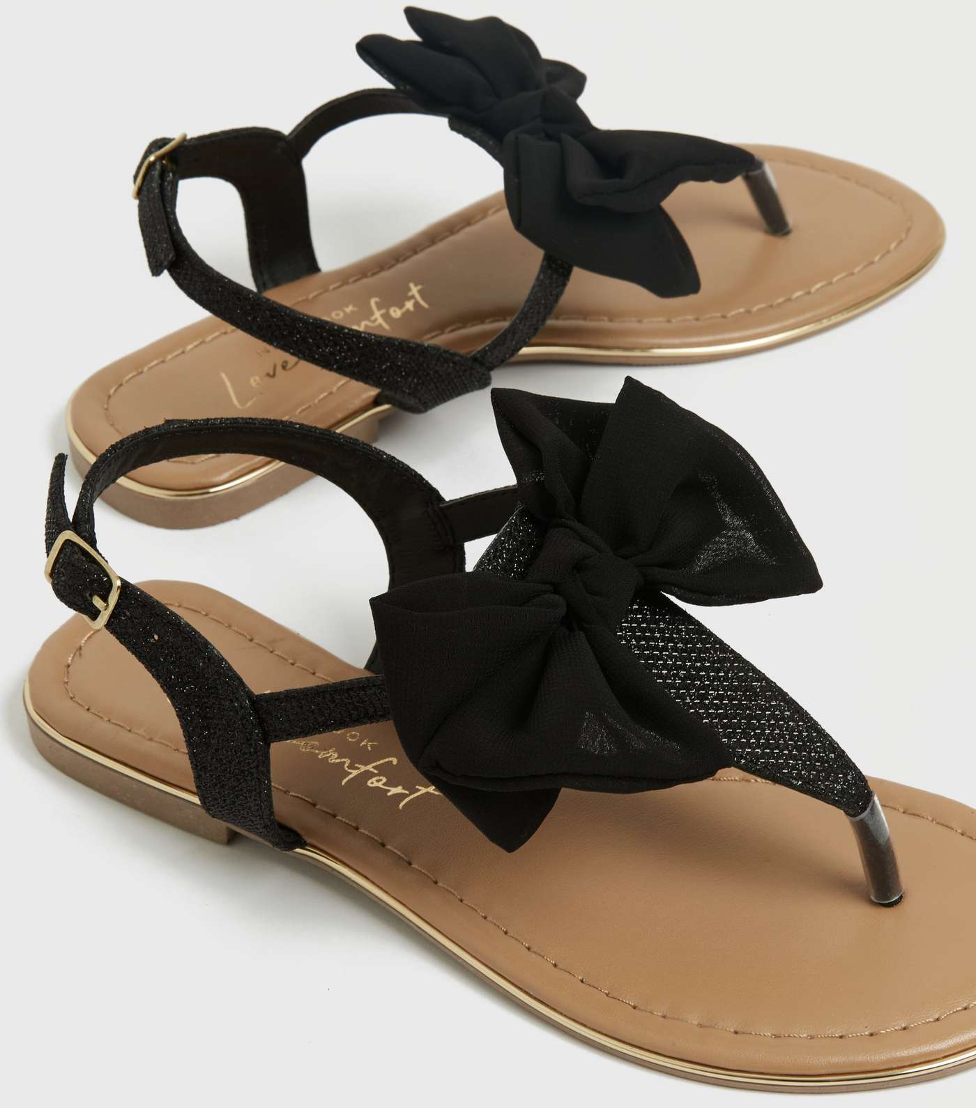 Girls Black Glitter Bow Flat Sandals Image 4