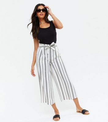 White Stripe Tie Waist Crop Wide Leg Trousers New Look