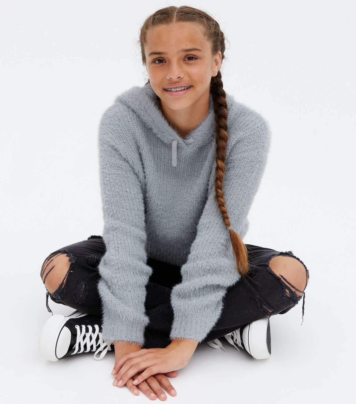 Girls Pale Grey Fluffy Ribbed Knit Hoodie