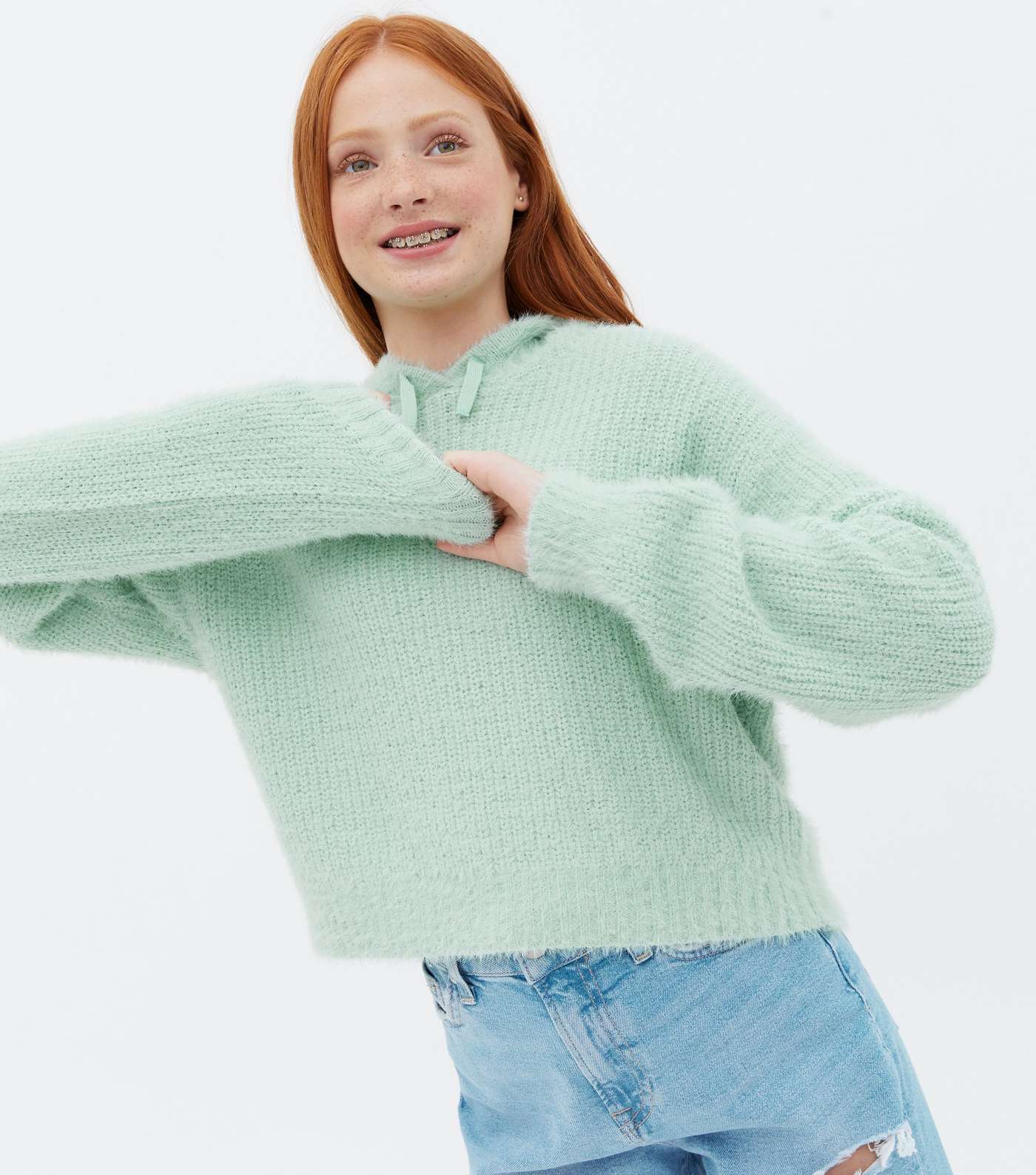 Girls Light Green Fluffy Ribbed Knit Hoodie Image 3