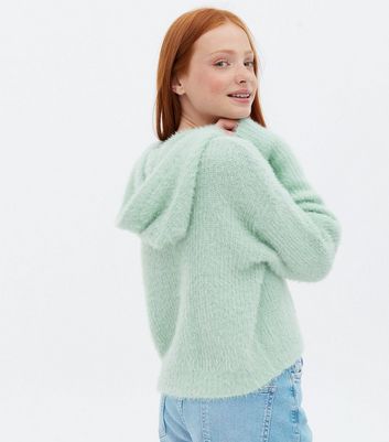 Girls Light Green Fluffy Ribbed Knit Hoodie New Look