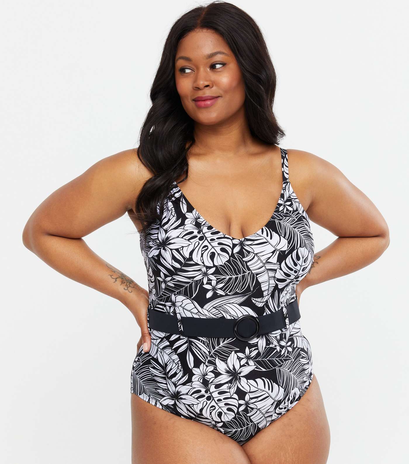 Curves Black Tropical Belted Swimsuit