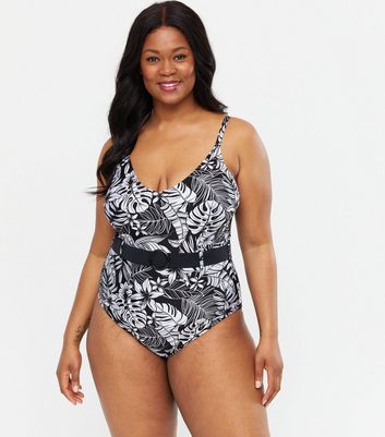 Curves Black Tropical Belted Swimsuit New Look