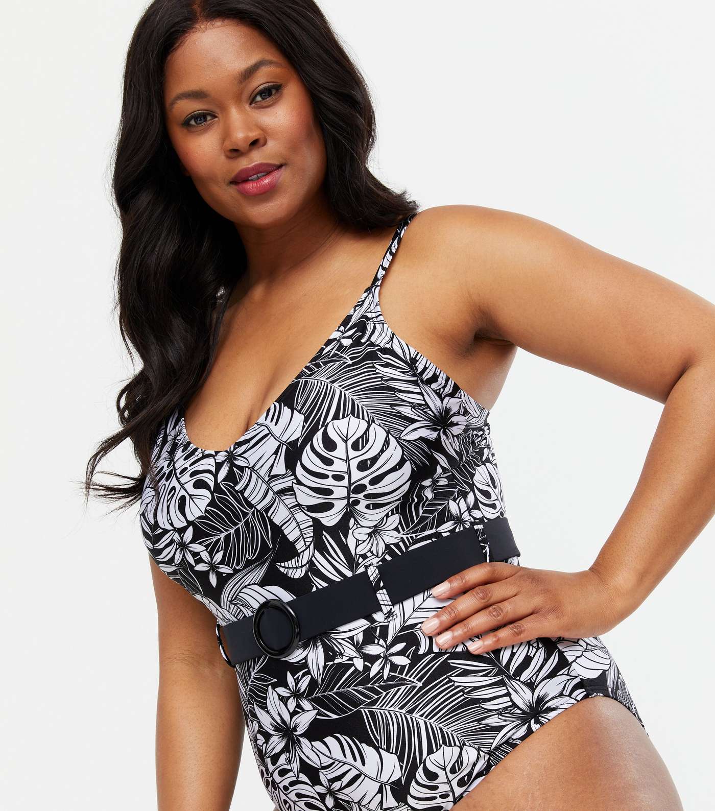 Curves Black Tropical Belted Swimsuit Image 3
