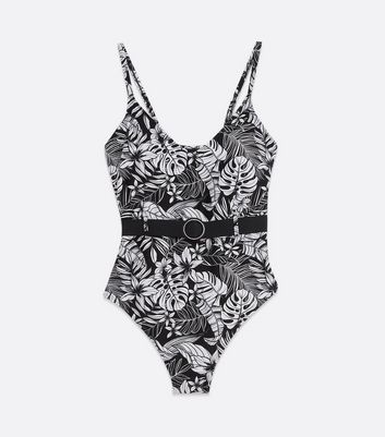 Curves Black Tropical Belted Swimsuit | New Look
