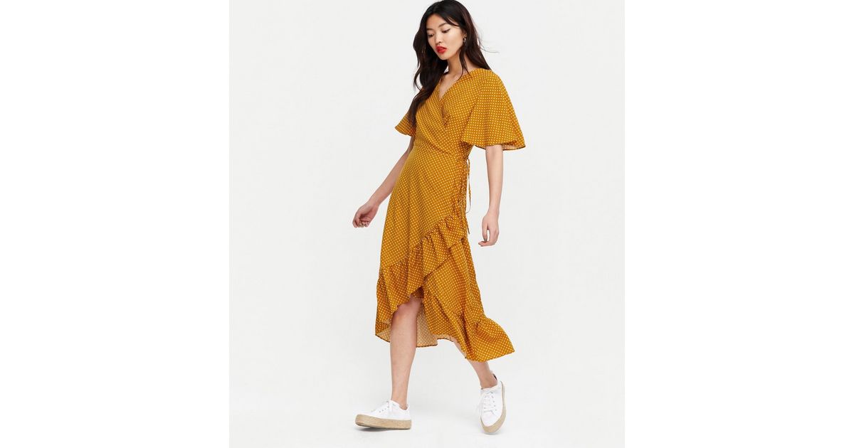 Mela Yellow Spot Ruffle Wrap Midi Dress | New Look