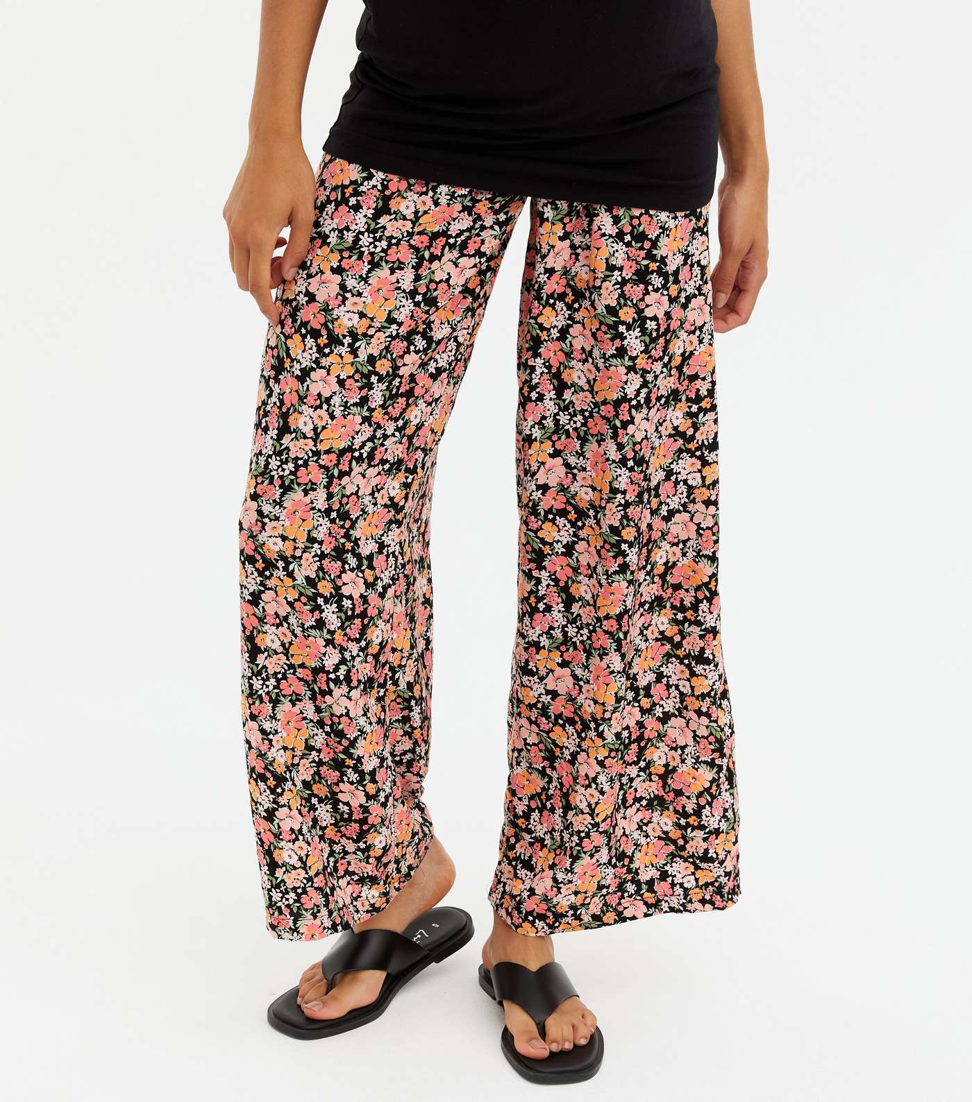 Maternity Black Floral Wide Leg Trousers Image 2