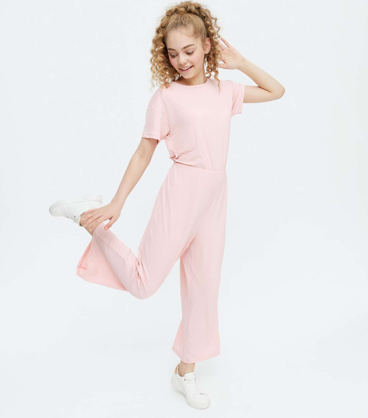 Girls Pale Pink Ribbed Jersey Jumpsuit