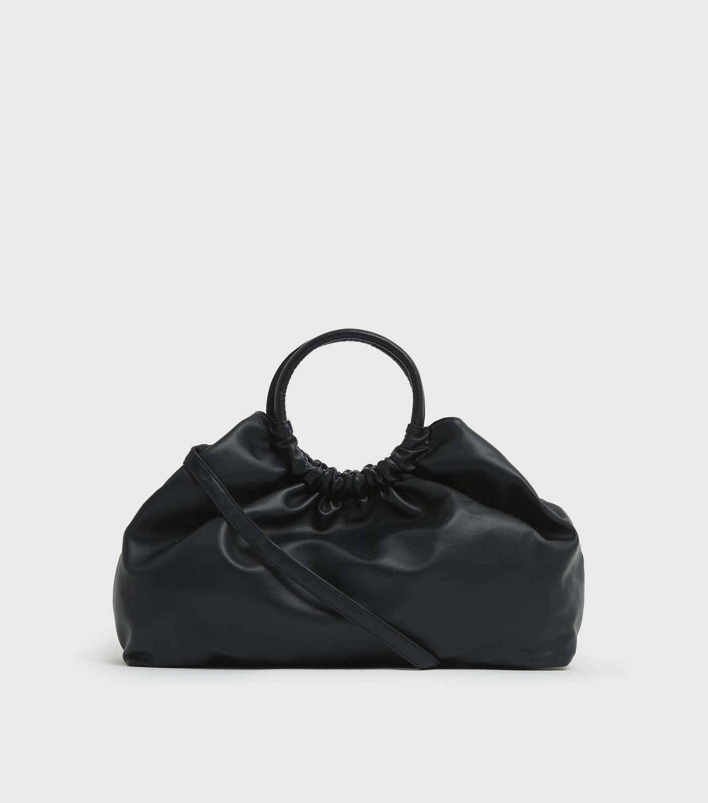 Black Leather-Look Circle Grab Handle Tote Bag