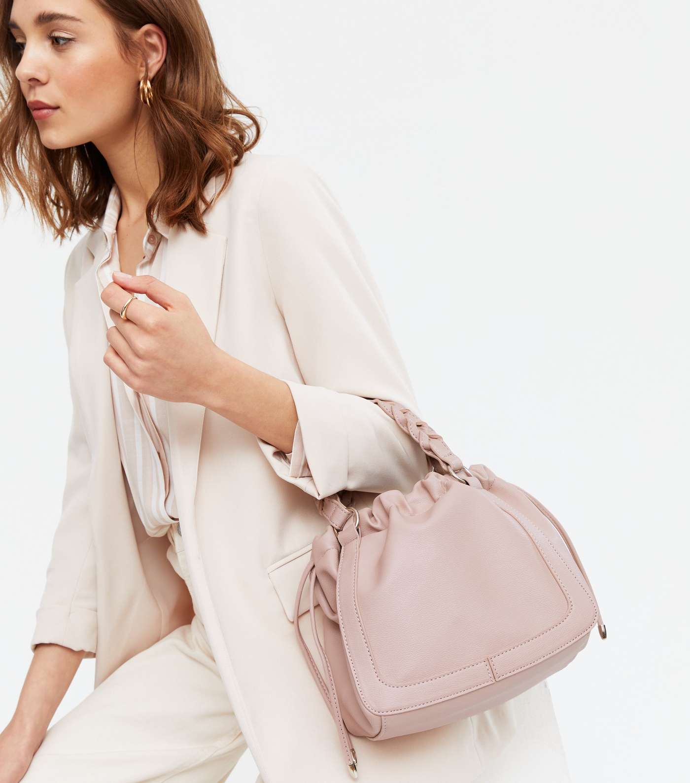 Pale Pink Leather-Look Drawstring Cross Body Bag Image 2