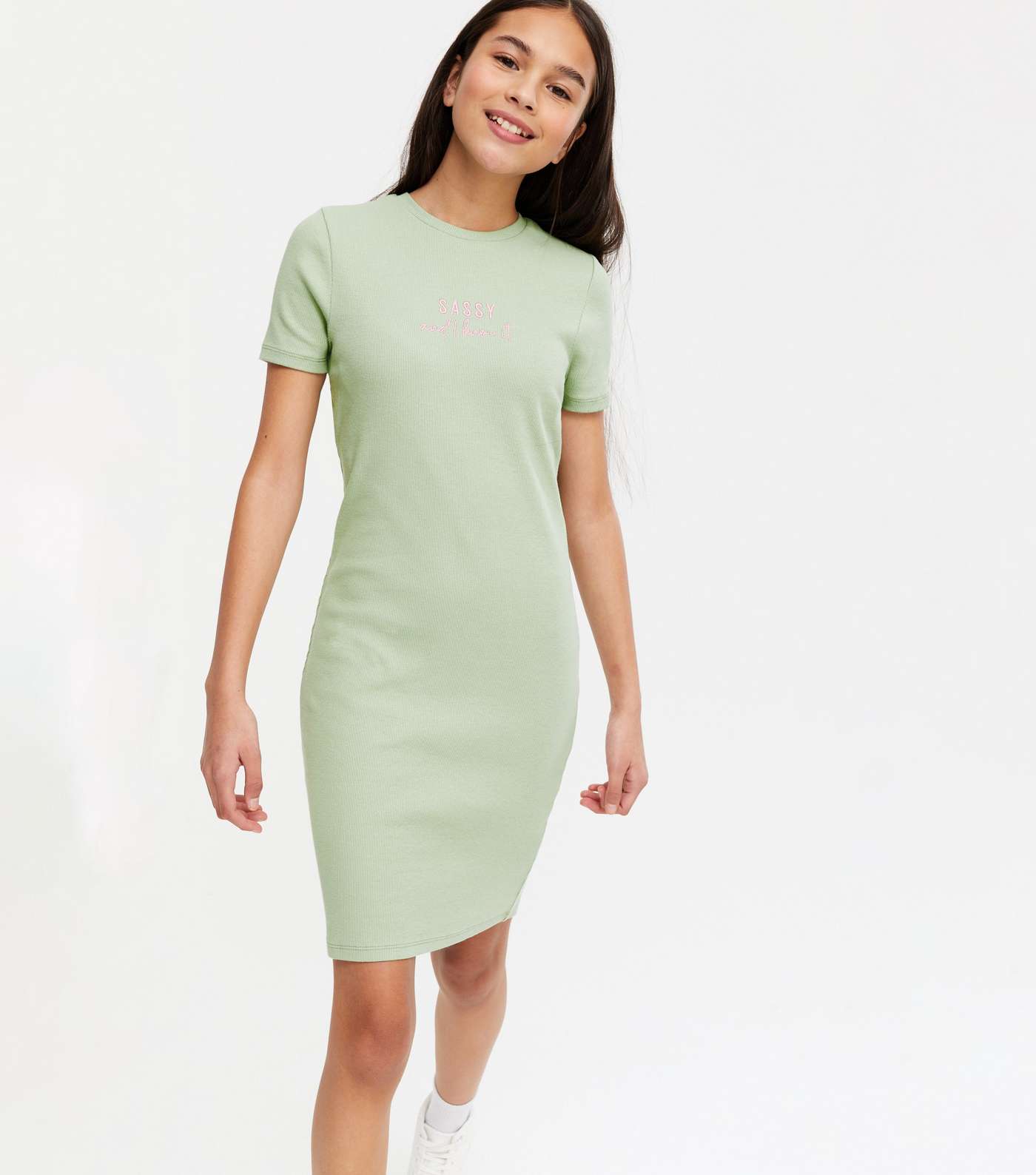 Girls Light Green Ribbed Sassy Logo Mini Dress