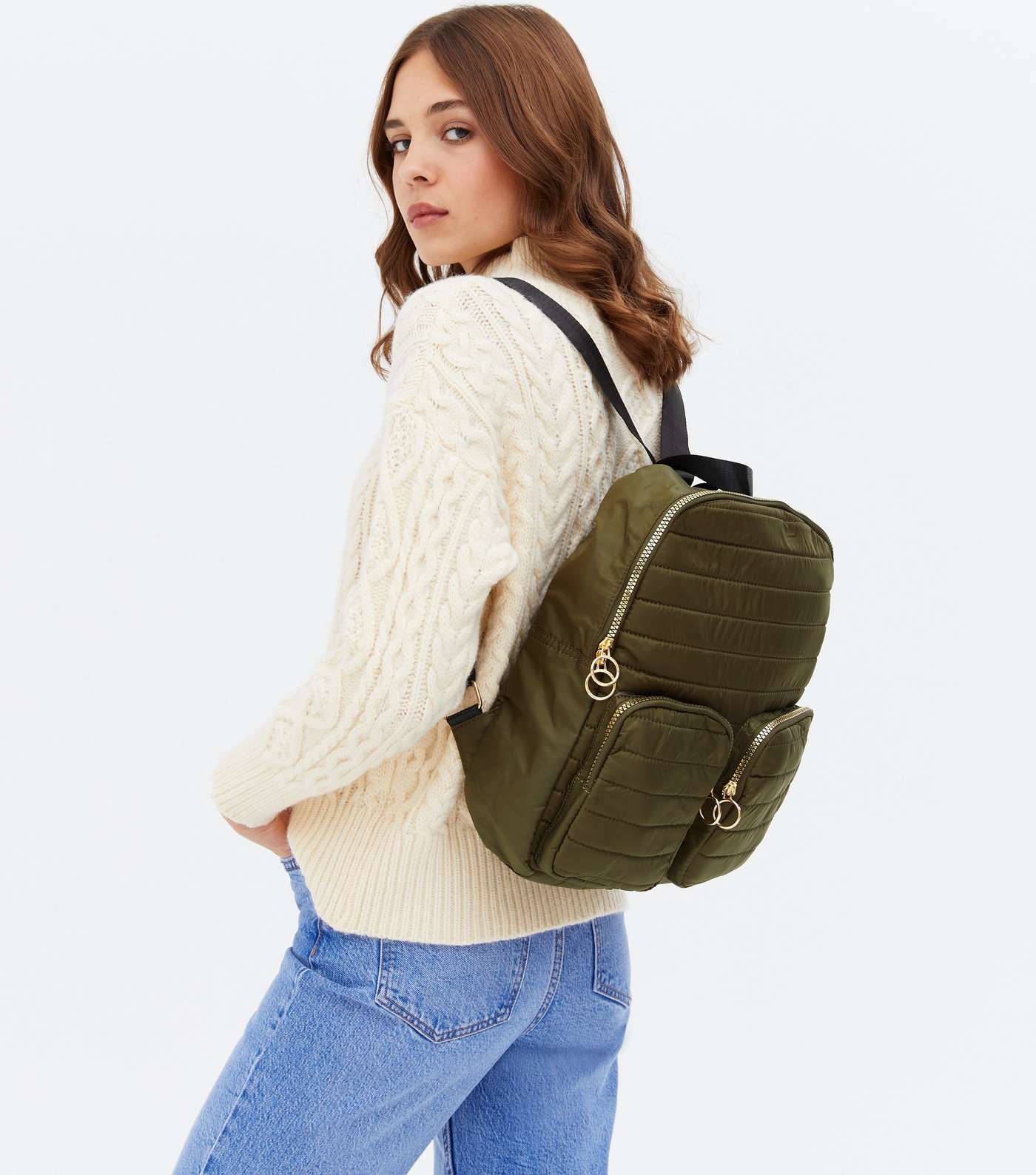 Khaki Quilted Double Pocket Front Backpack Image 2