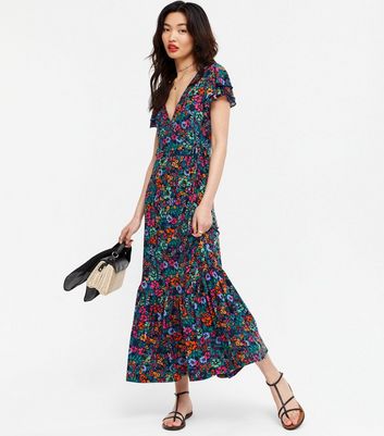 Blue Vanilla Blue Floral Crinkle Tiered Maxi Wrap Dress | New Look