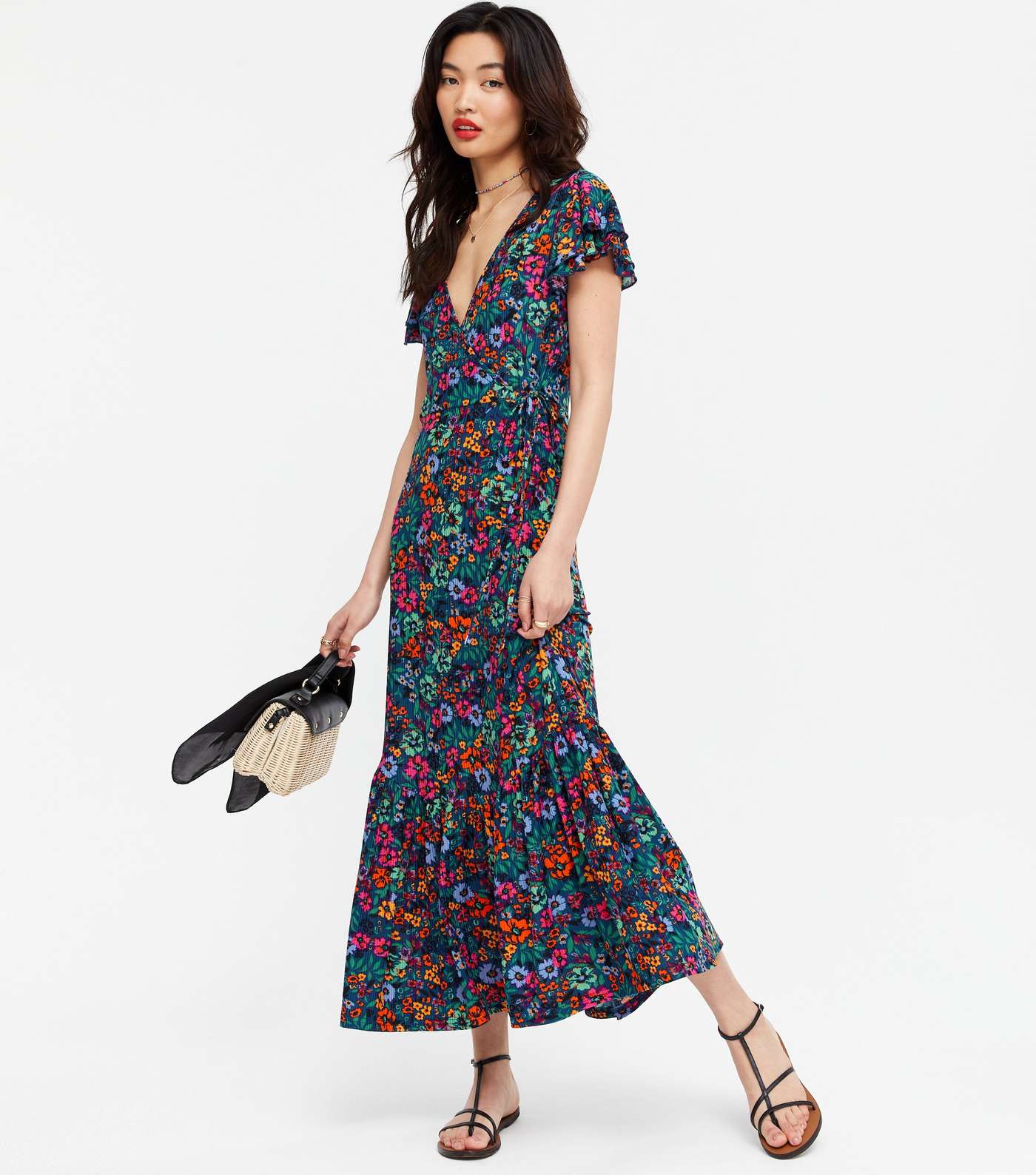 Blue Vanilla Blue Floral Crinkle Tiered Maxi Wrap Dress