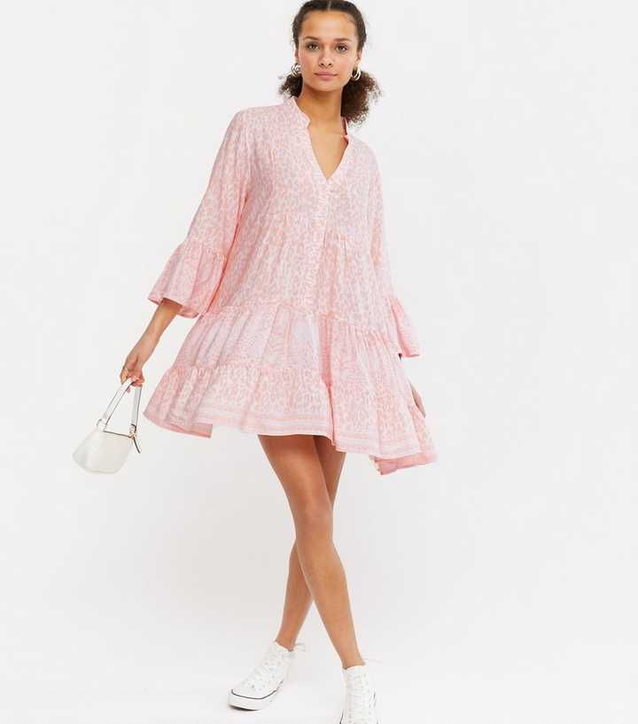 Blue Vanilla Pink Animal Print Tiered Smock Dress