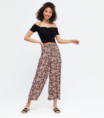 Tall Black Floral Wide Leg Crop 