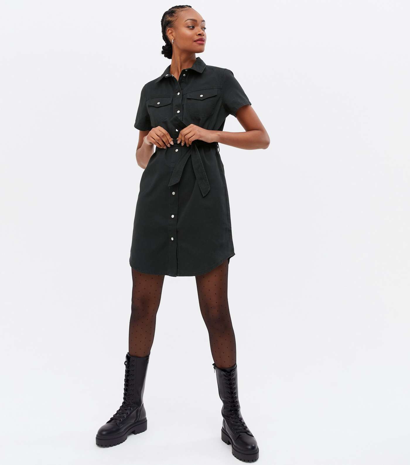 Tall Black Denim Belted Mini Shirt Dress Image 2