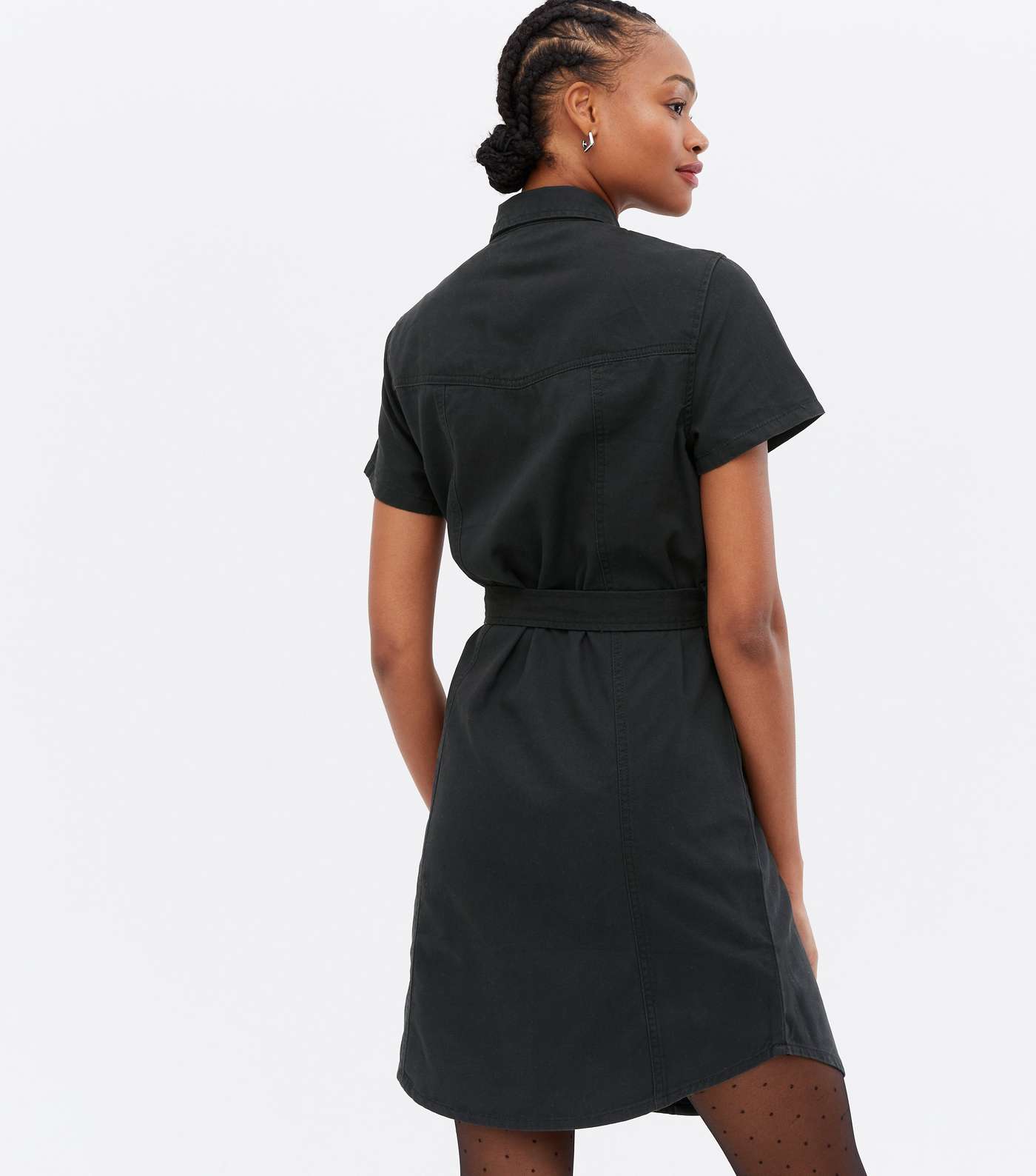 Tall Black Denim Belted Mini Shirt Dress Image 4