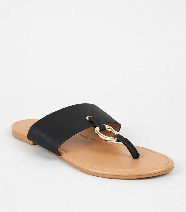 Black Leather-Look Ring Strap Flip Flops