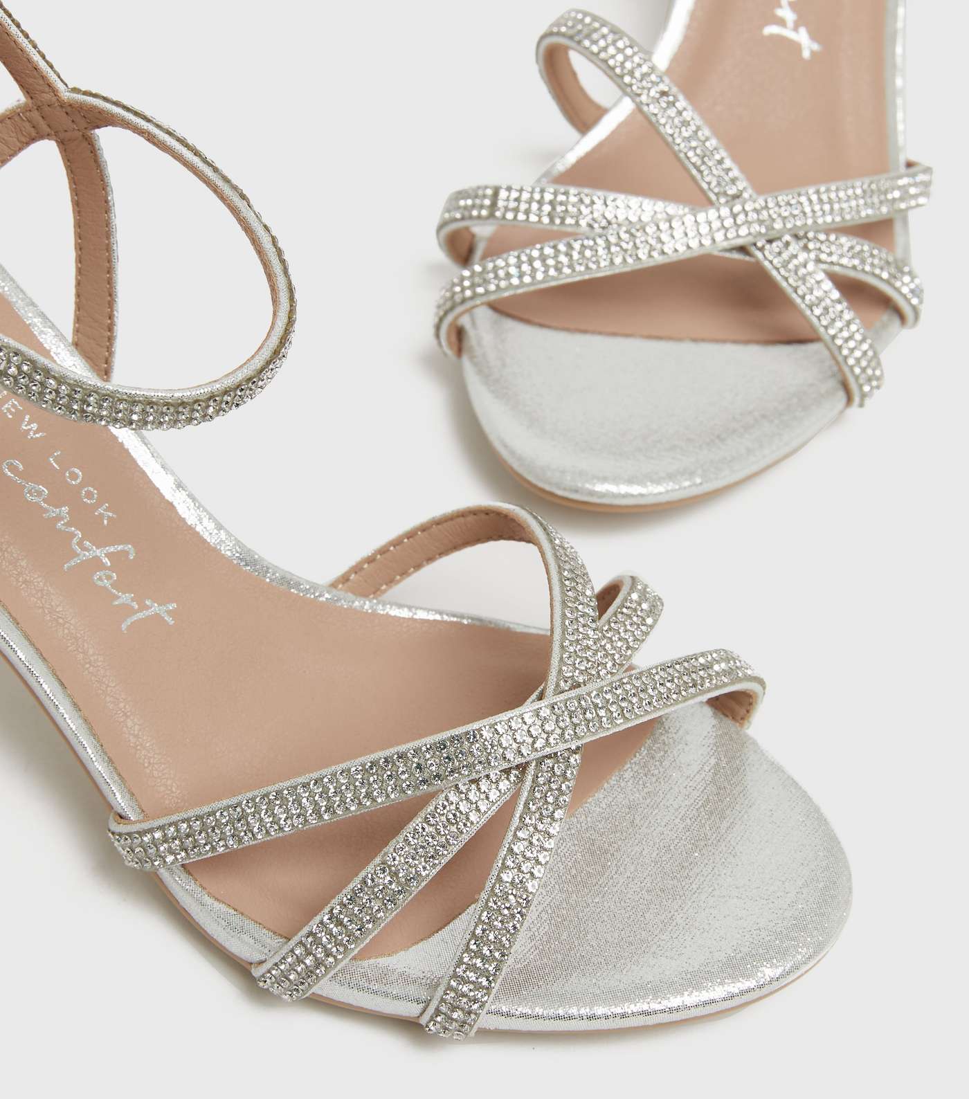 Wide Fit Silver Diamanté Stiletto Heel Sandals Image 3