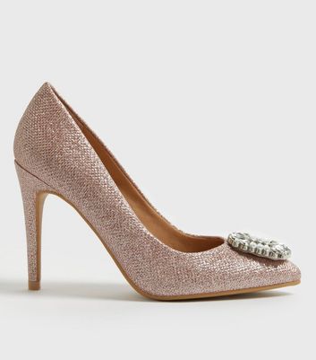 Wide Fit Rose Gold Glitter Pointed Court Shoes | New Look