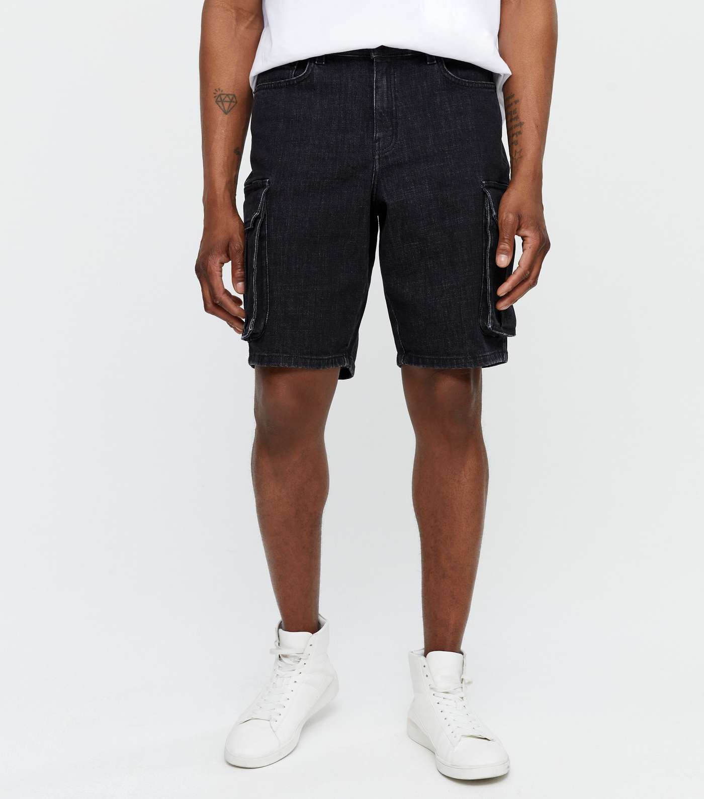 Black Denim Relaxed Fit Cargo Shorts Image 2