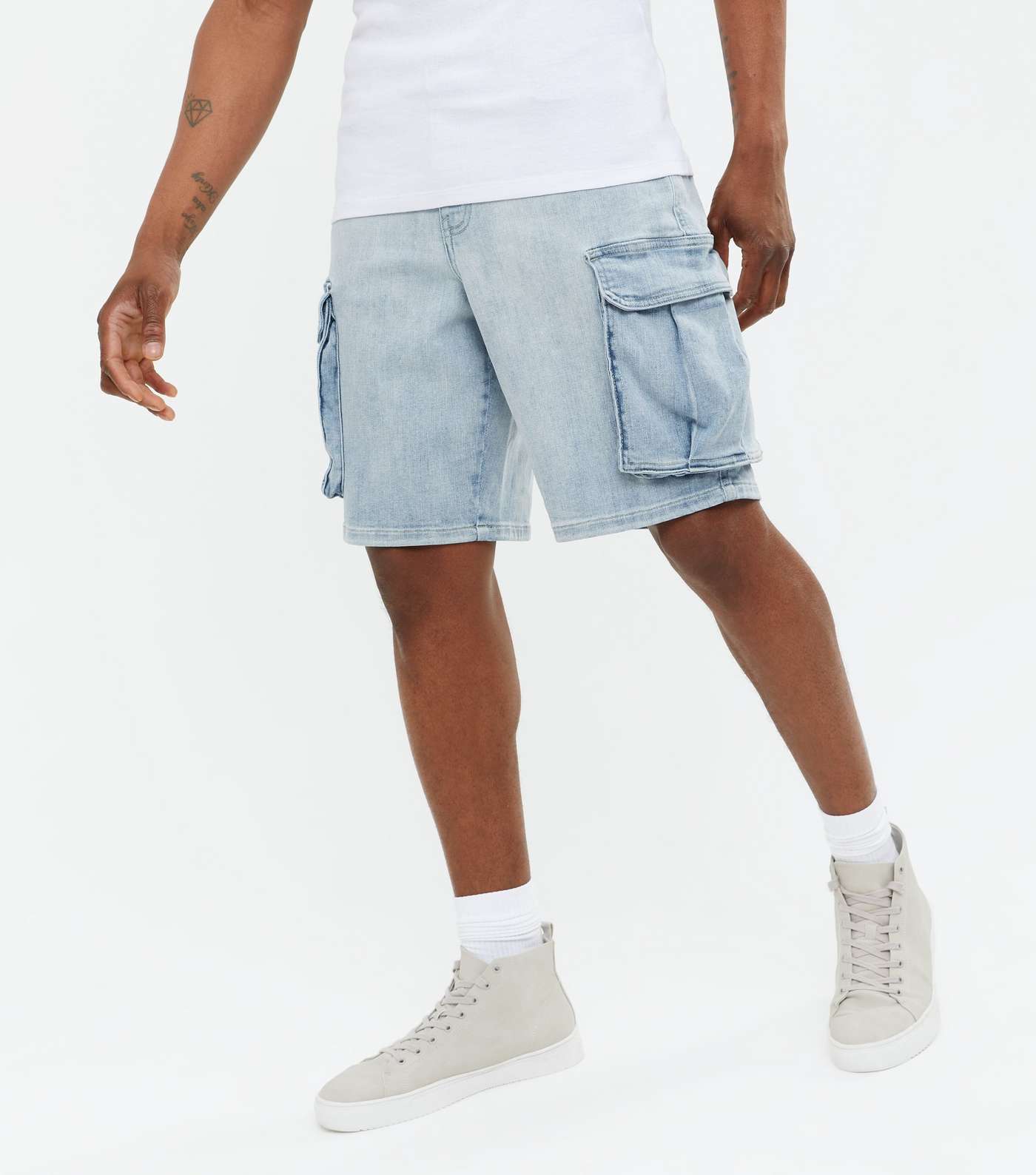 Pale Blue Denim Relaxed Fit Cargo Shorts Image 2
