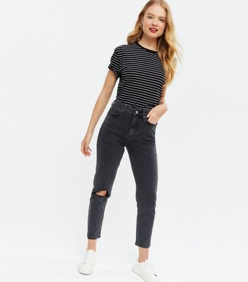 Black Ripped Knee High Waist Tori Mom Jeans | New Look