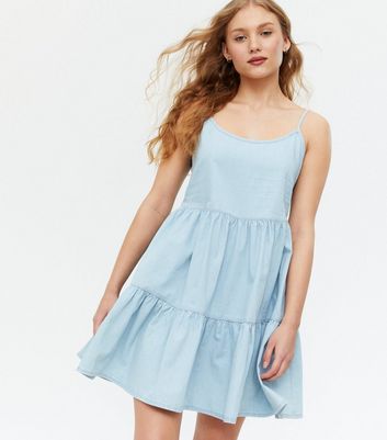 Bright Blue Denim Strappy Tiered Mini Dress | New Look