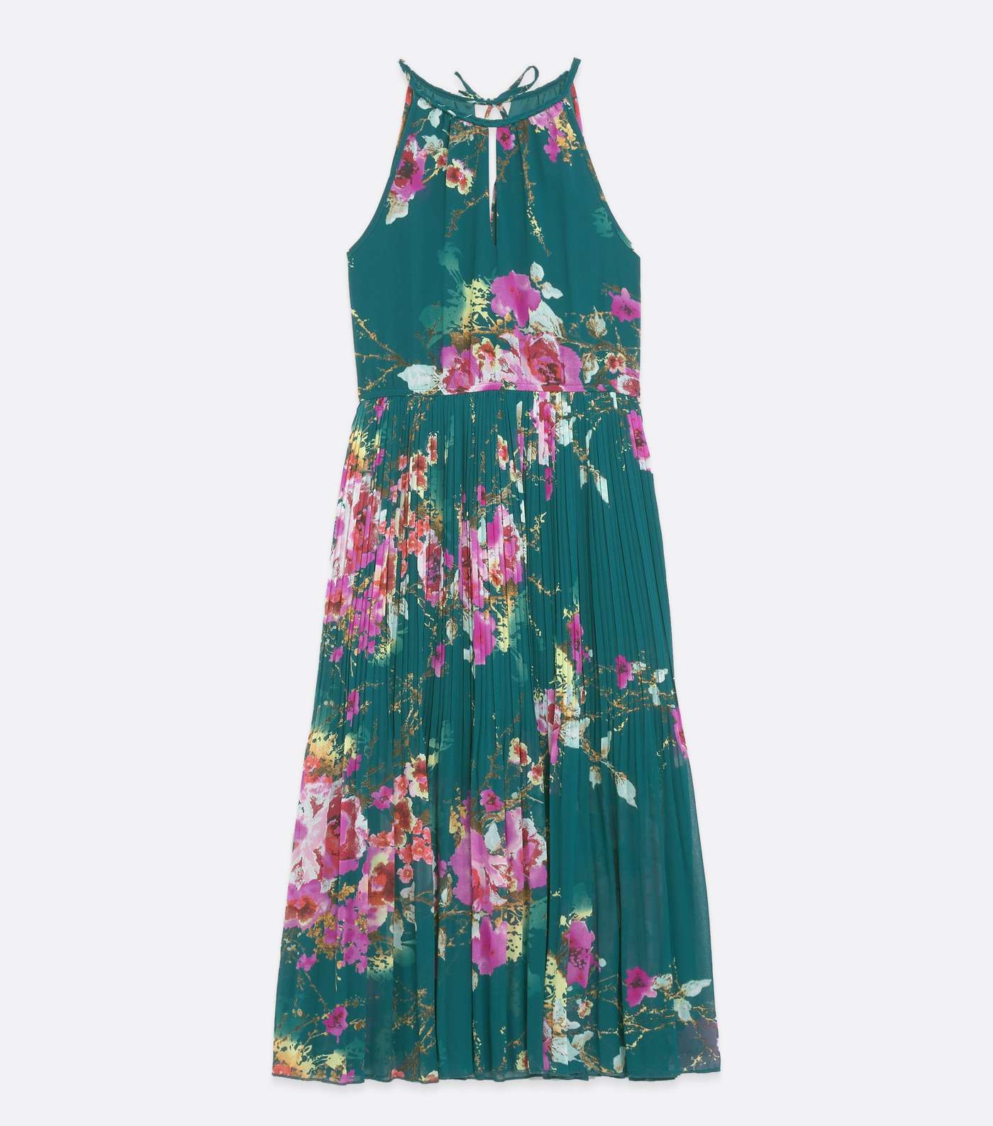 Blue Vanilla Dark Green Floral Pleated Midi Halter Dress Image 5