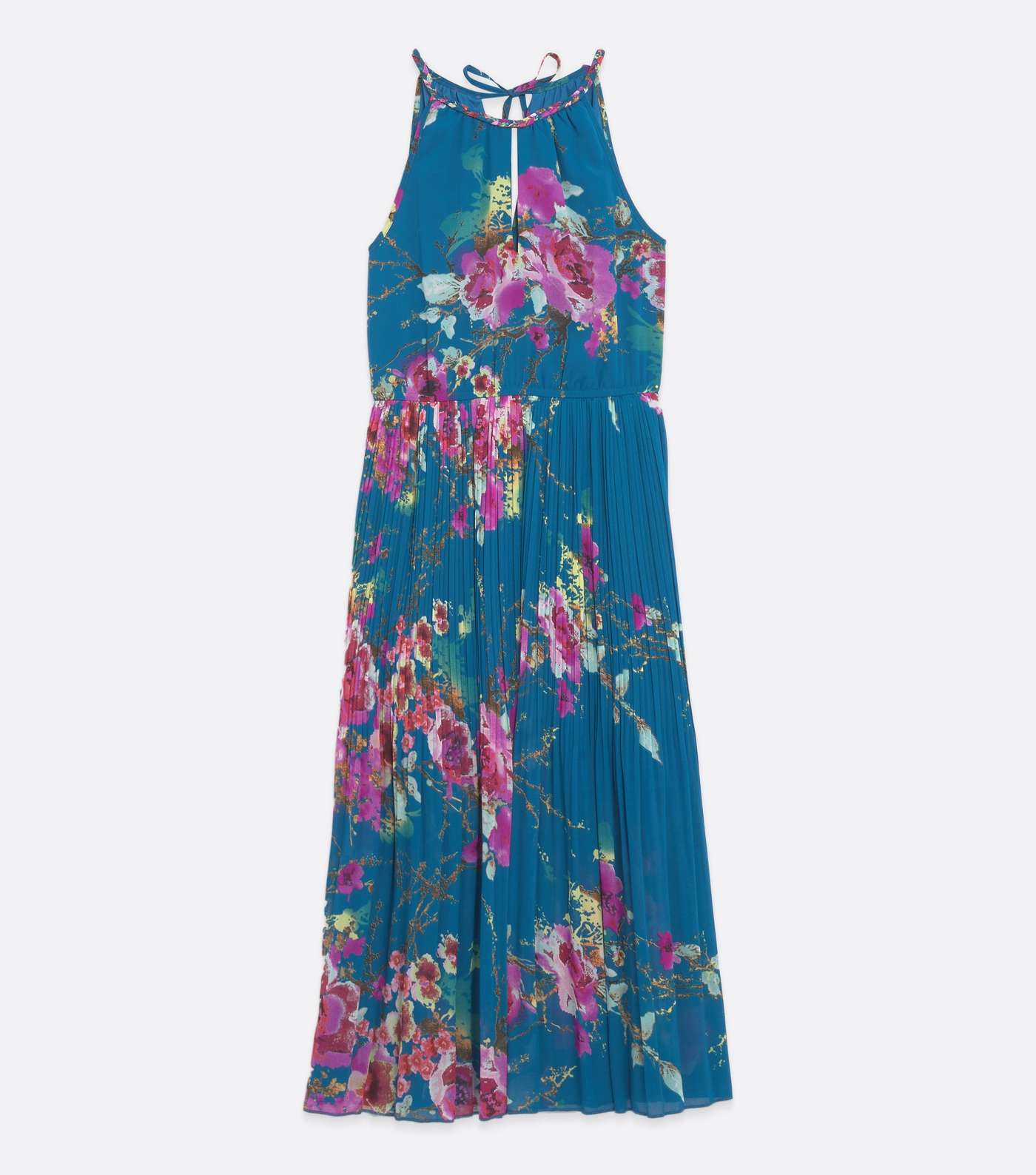 Blue Vanilla Teal Floral Pleated Midi Halter Dress Image 5