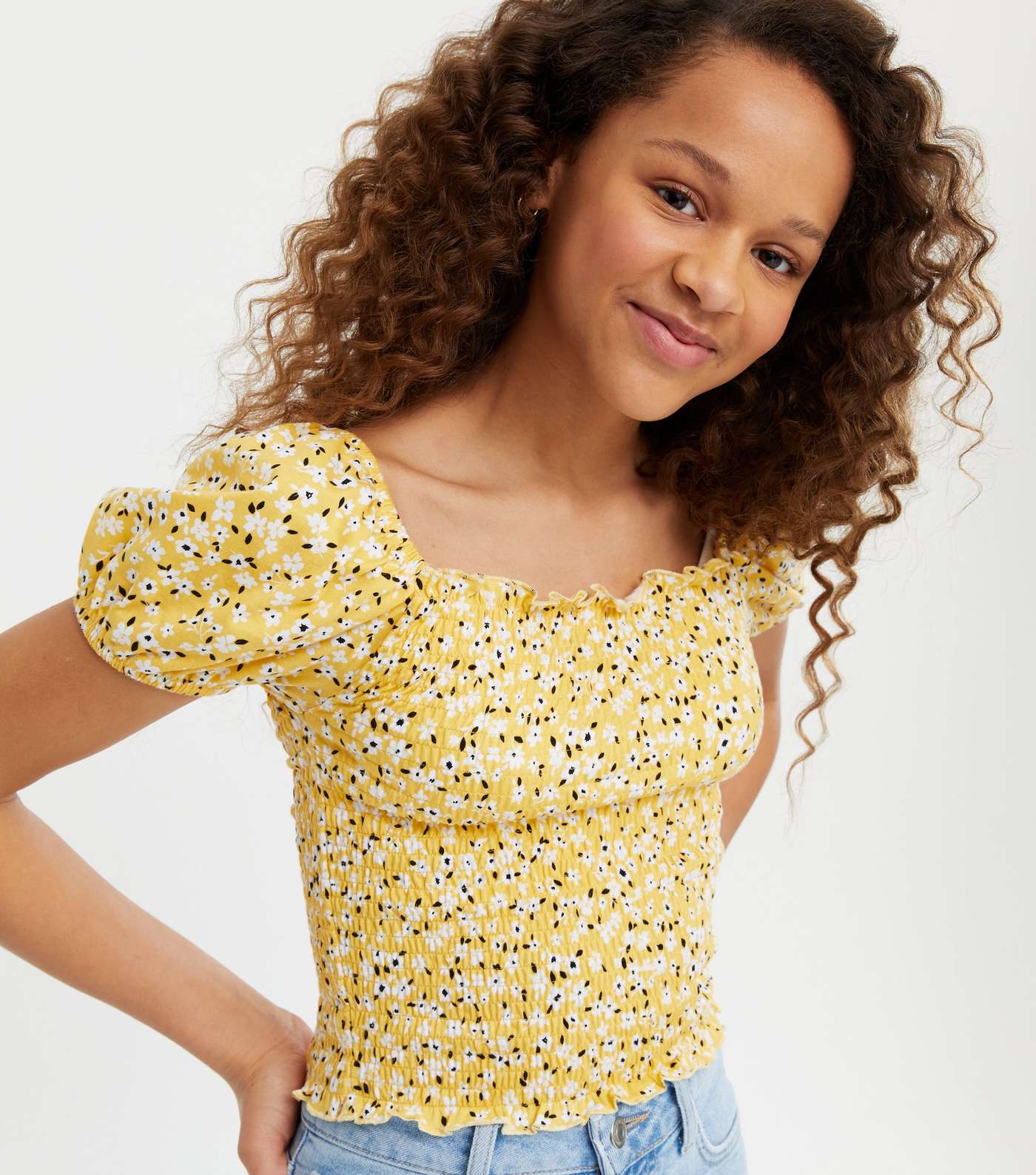 Girls Yellow Floral Square Neck Top