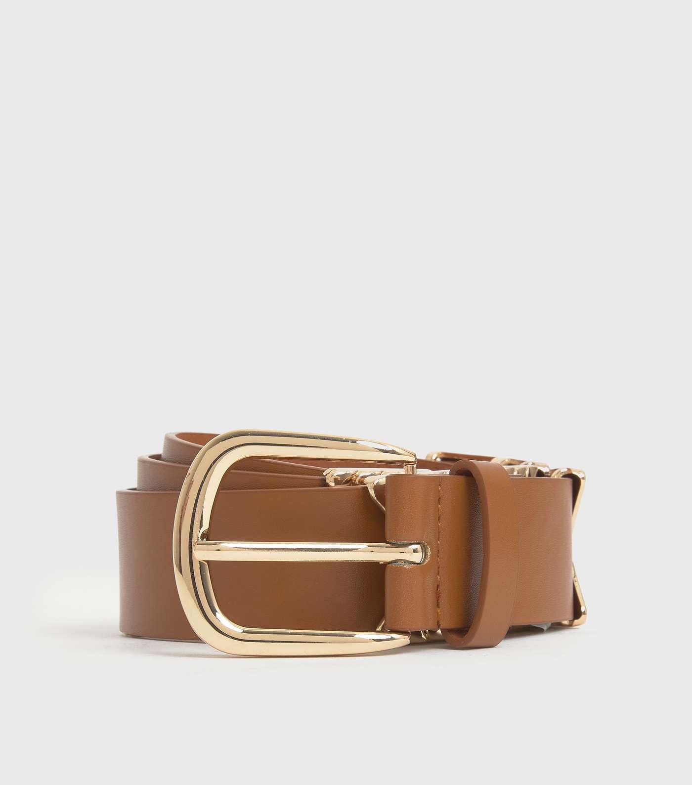 Tan Leather-Look Metal Trim Belt