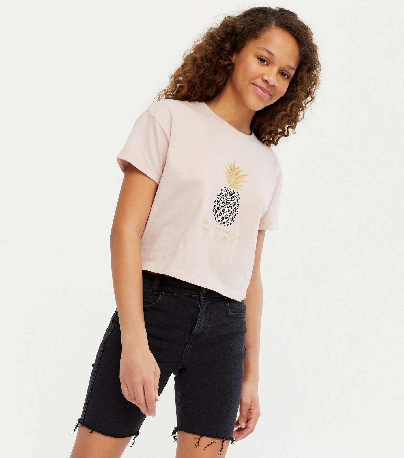 Girls Pale Pink Metallic Pineapple Logo T-Shirt