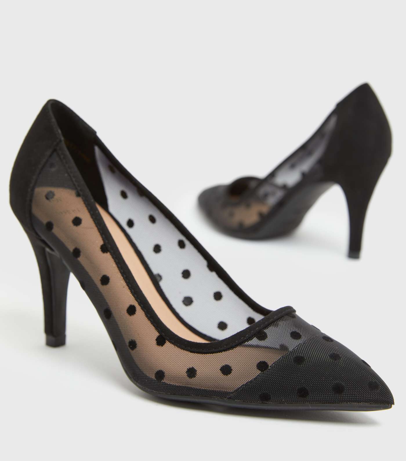 Wide Fit Black Spot Mesh Stiletto Court Shoes Image 3