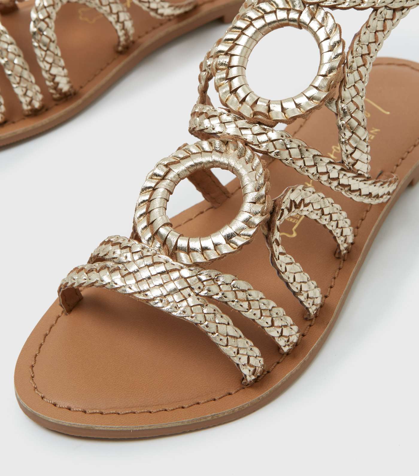 Gold Leather Plaited Strappy Flat Sandals Image 4