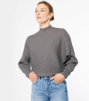 Pale Grey Ribbed Crop High Neck Jumper 
