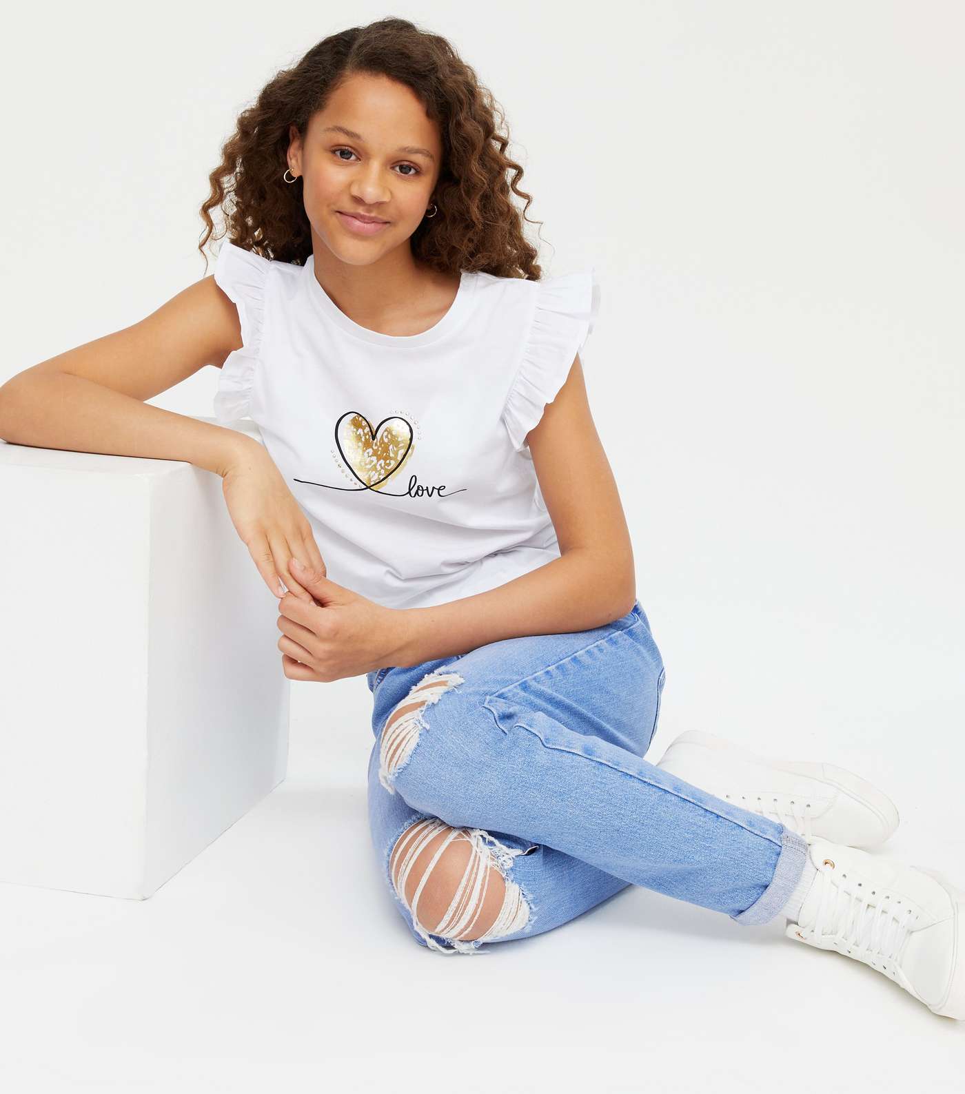 Girls White Metallic Love Logo Frill T-Shirt Image 2
