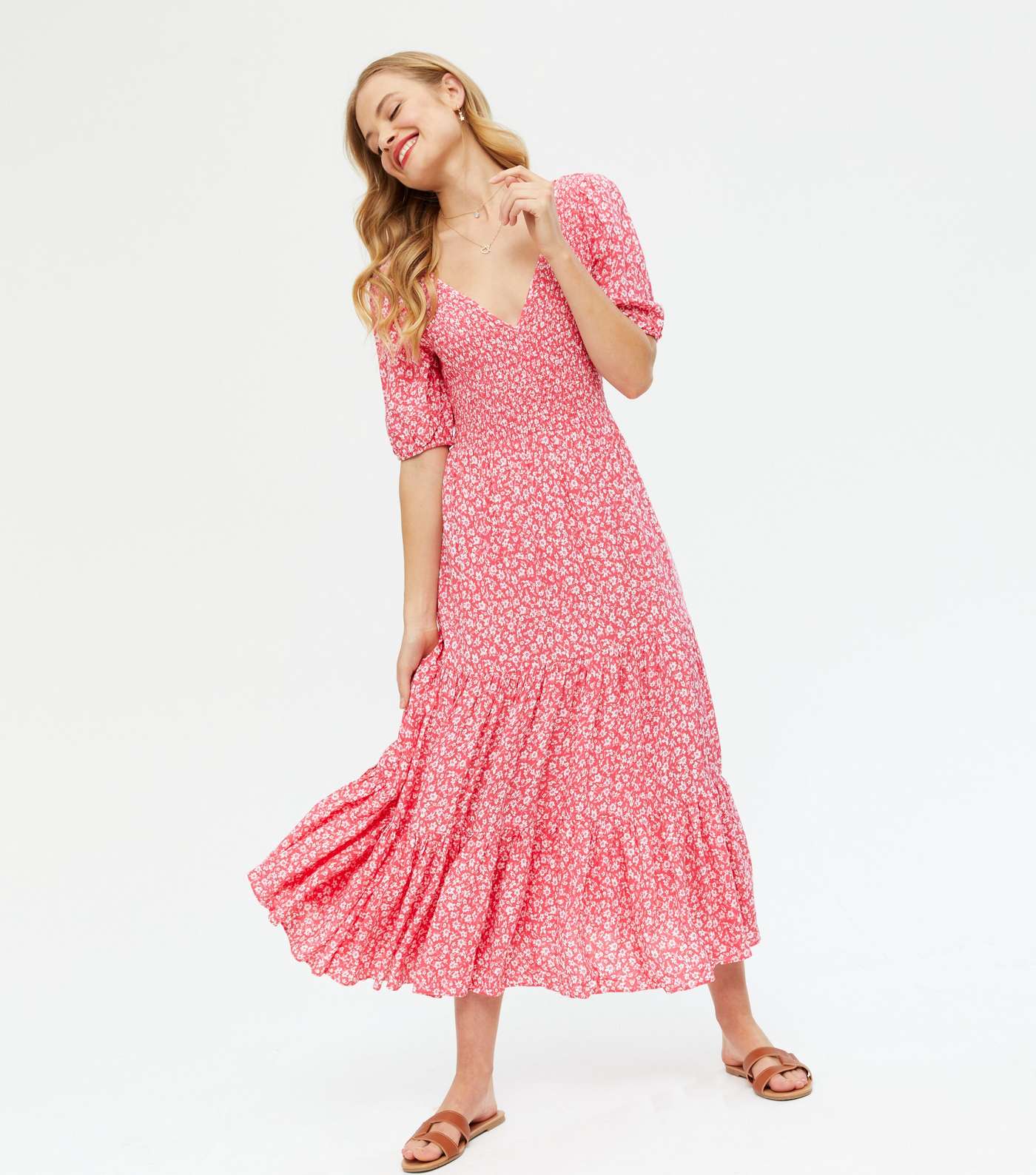 Pink Floral Shirred Tiered Midi Dress