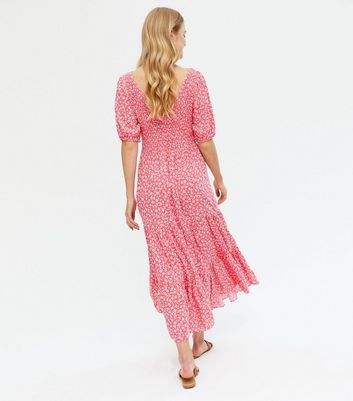 pink floral shirred tiered midi dress